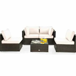 5 Pieces Patio Furniture Set, All Weather Wicker L-Shaped Corner Sofa Set w/Soft Cushions