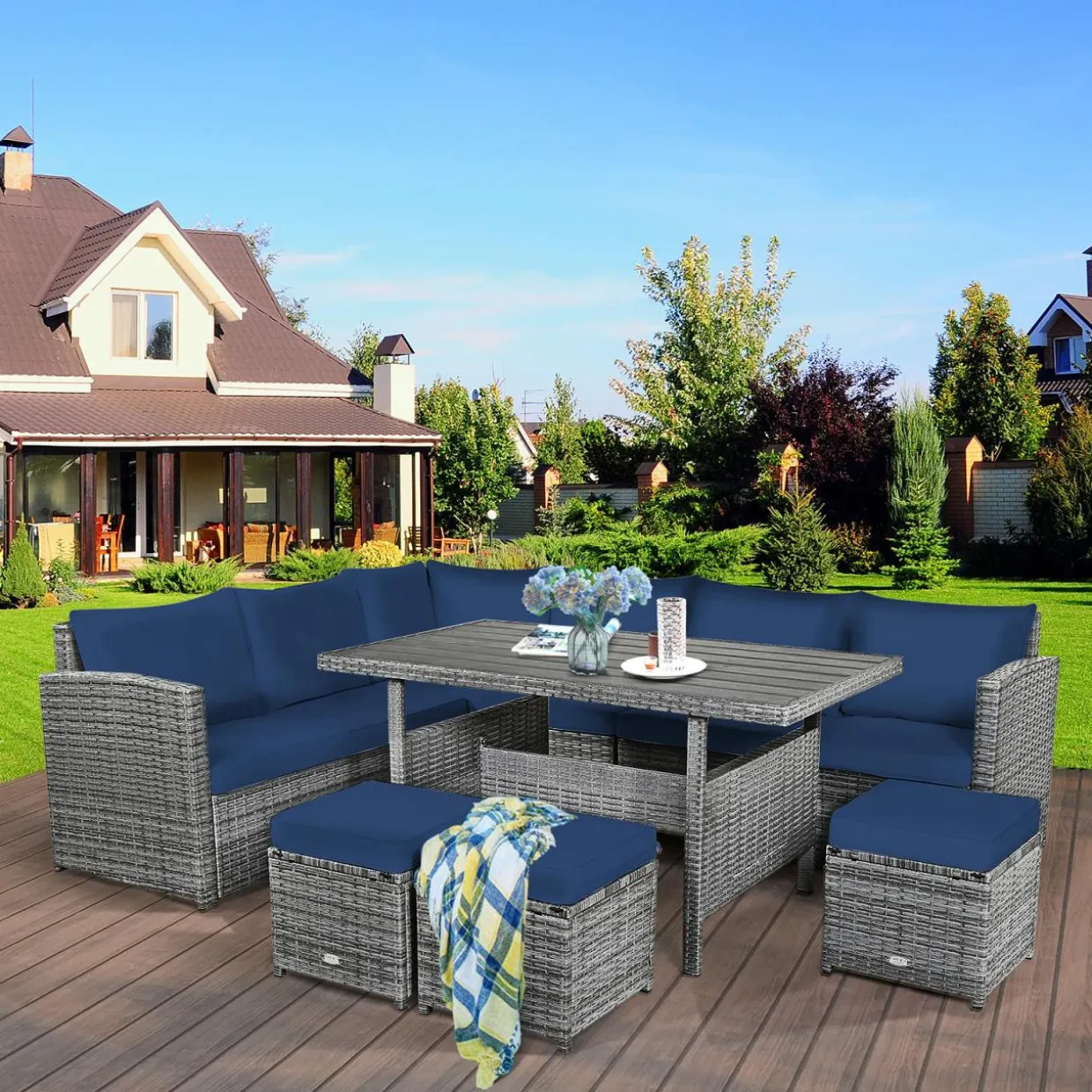 7 Pieces Patio Furniture Set, Outdoor Sectional Rattan Sofa Set with Cushions