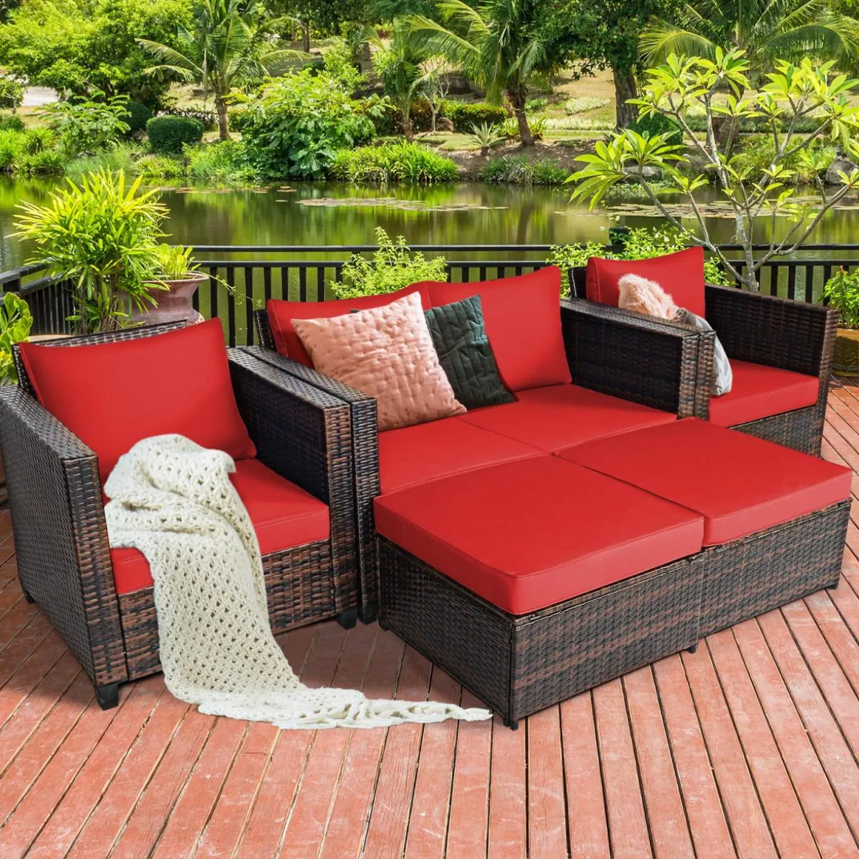 5 Pieces Patio Furniture Set, Outdoor Rattan Sofa Set w/Removable Cushions
