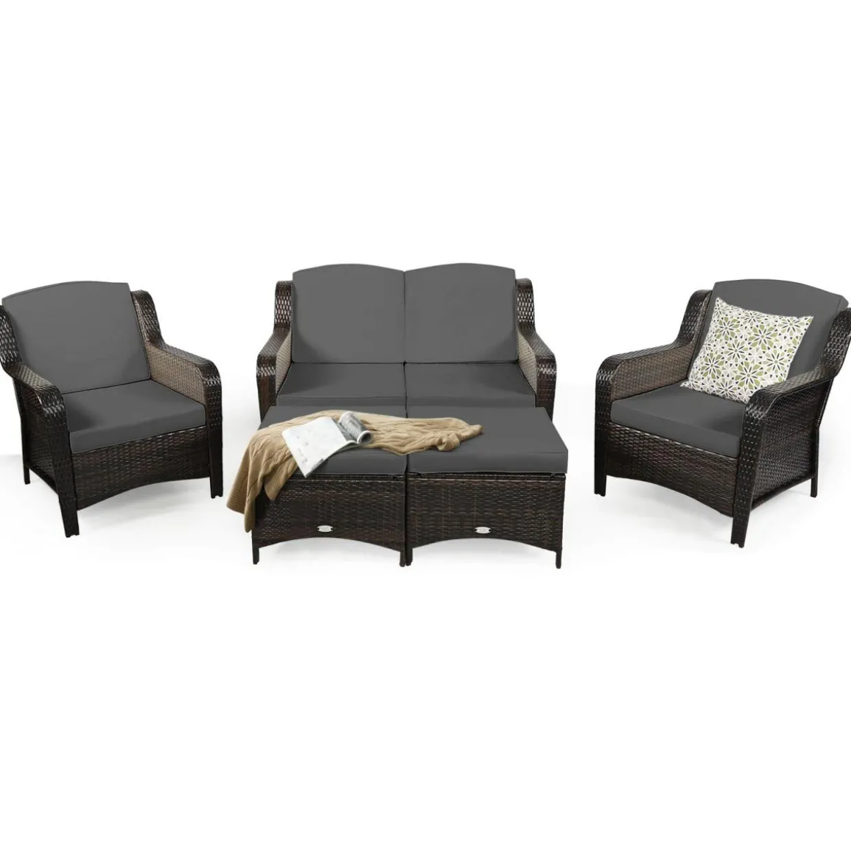 5 Pieces Patio Furniture Set, Outdoor Rattan Conversation Sofa Set with Loveseat