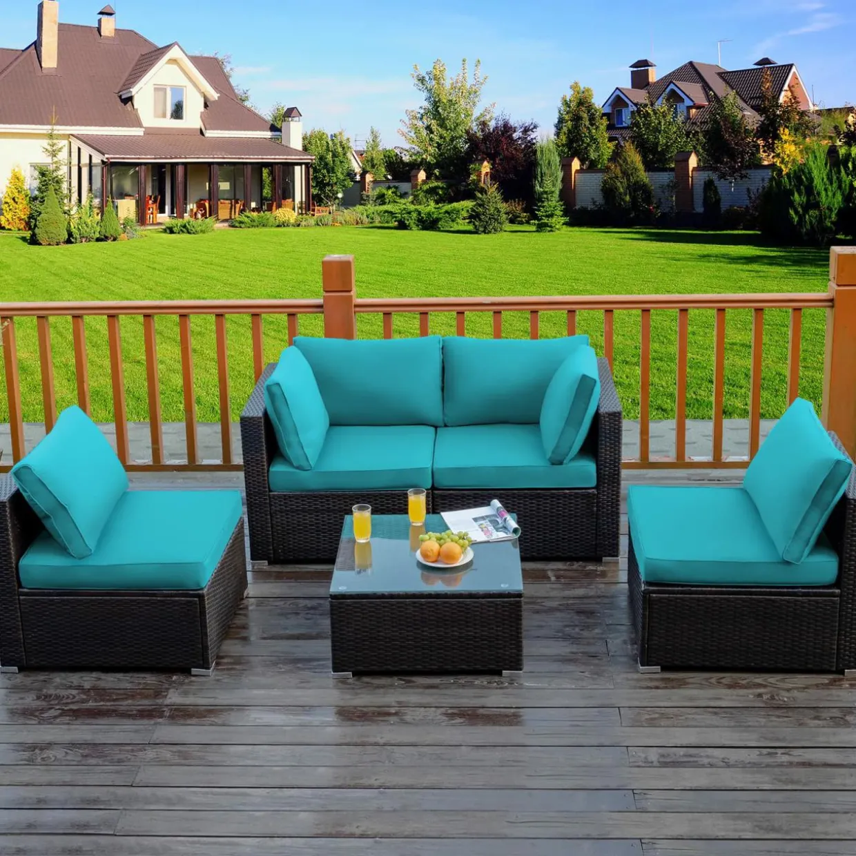 5 Pieces Patio Furniture Set, All Weather Wicker L-Shaped Corner Sofa Set w/Soft Cushions