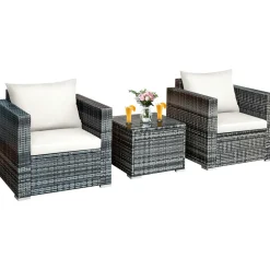 3 Pieces Patio Furniture Set, PE Rattan Wicker Sofa Set w/Washable Cushion and Tempered Glass Tabletop