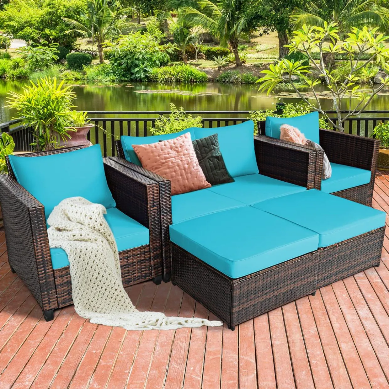 5 Pieces Patio Furniture Set, Outdoor Rattan Sofa Set w/Removable Cushions