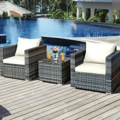 3 Pieces Patio Furniture Set, PE Rattan Wicker Sofa Set w/Washable Cushion and Tempered Glass Tabletop