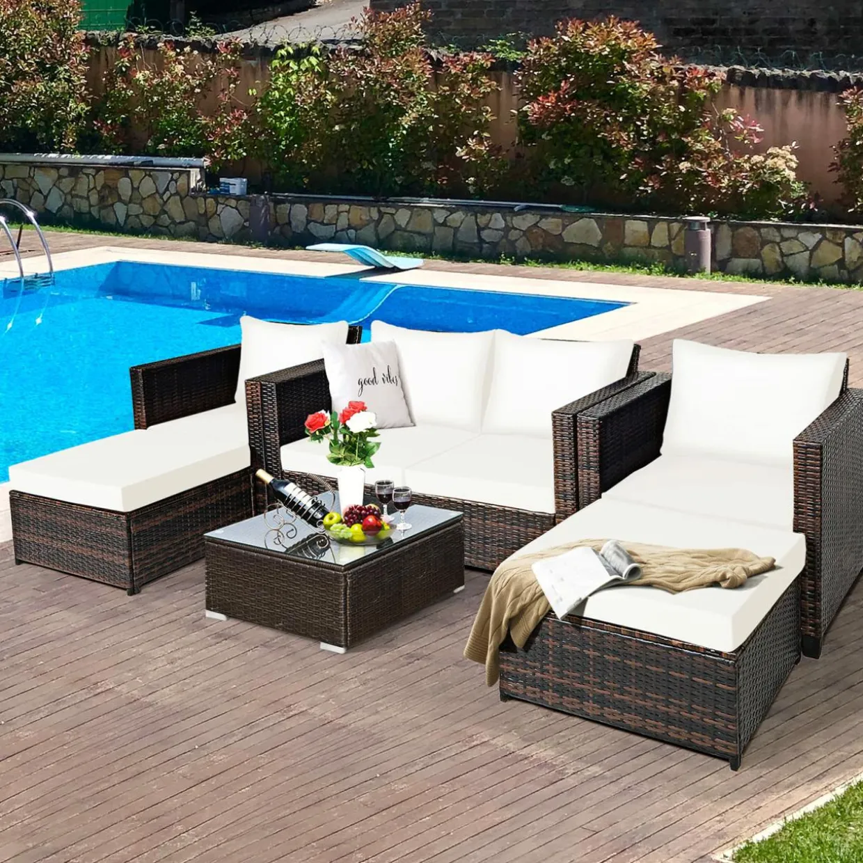 5 Pieces Patio Furniture Set, Outdoor Rattan Sofa Set w/Removable Cushions