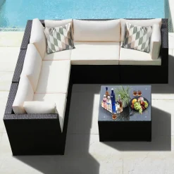 6 Pieces Patio Furniture Set, Outdoor Rattan Sofa Set, Wicker Conversation Set