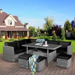 7 Pieces Patio Furniture Set, Outdoor Sectional Rattan Sofa Set with Cushions