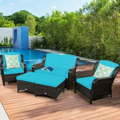 5 Pieces Patio Furniture Set, Outdoor Rattan Conversation Sofa Set with Loveseat