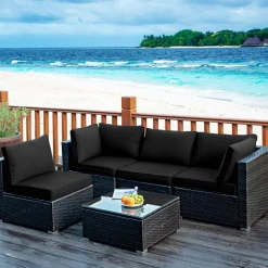 5 Pieces Patio Furniture Set, All Weather Wicker L-Shaped Corner Sofa Set w/Soft Cushions