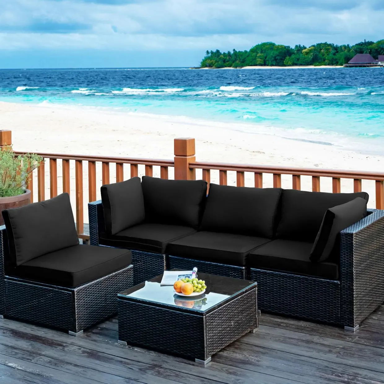 5 Pieces Patio Furniture Set, All Weather Wicker L-Shaped Corner Sofa Set w/Soft Cushions