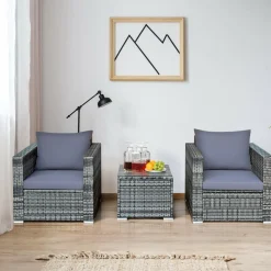 3 Pieces Patio Furniture Set, PE Rattan Wicker Sofa Set w/Washable Cushion and Tempered Glass Tabletop