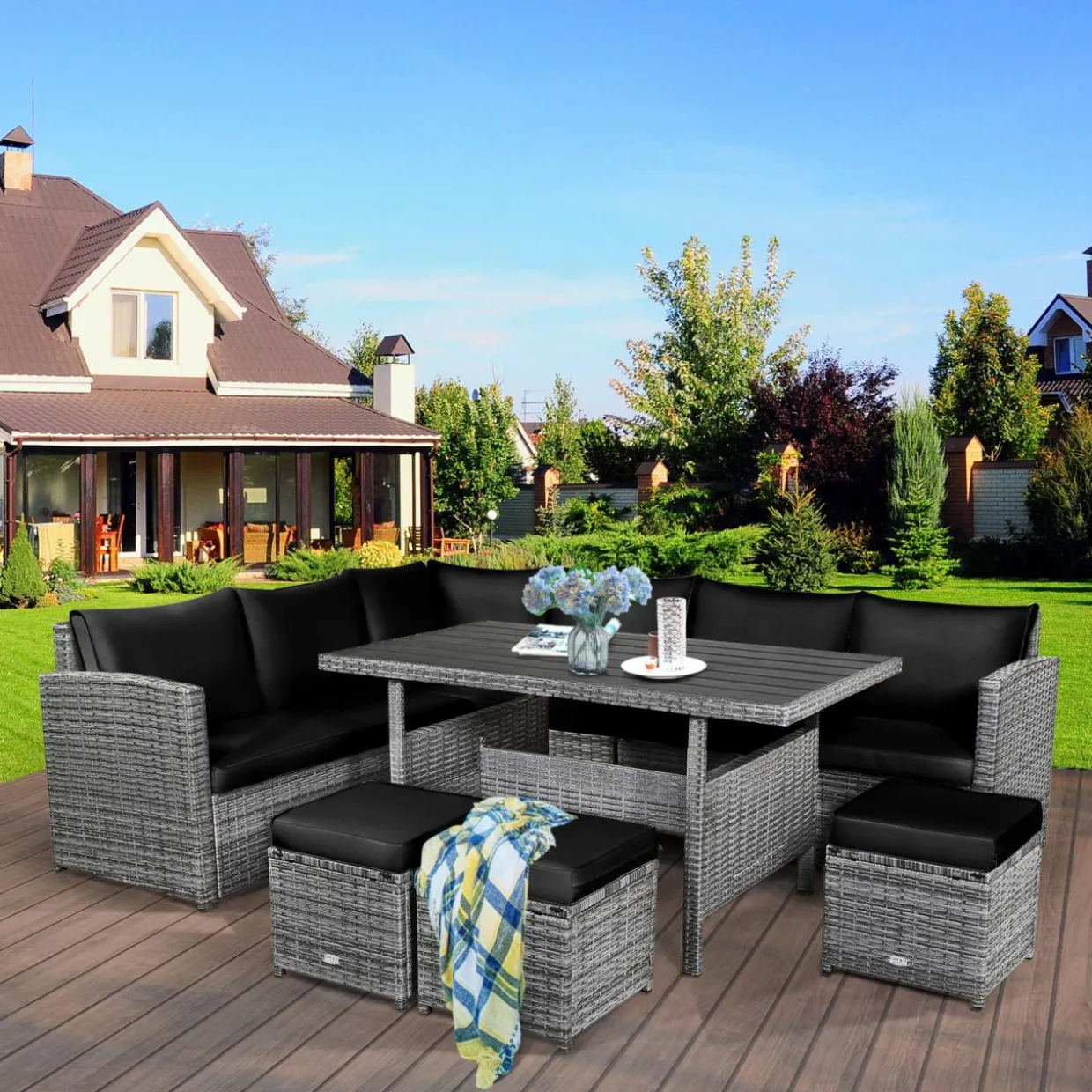 7 Pieces Patio Furniture Set, Outdoor Sectional Rattan Sofa Set with Cushions