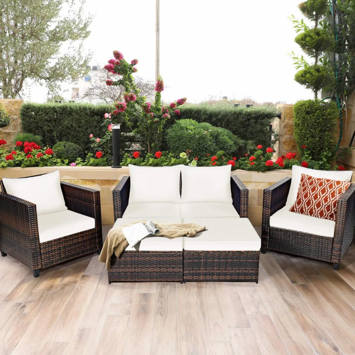 5 Pieces Patio Furniture Set, Outdoor Rattan Sofa Set w/Removable Cushions
