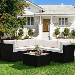 6 Pieces Patio Furniture Set, Outdoor Rattan Sofa Set, Wicker Conversation Set