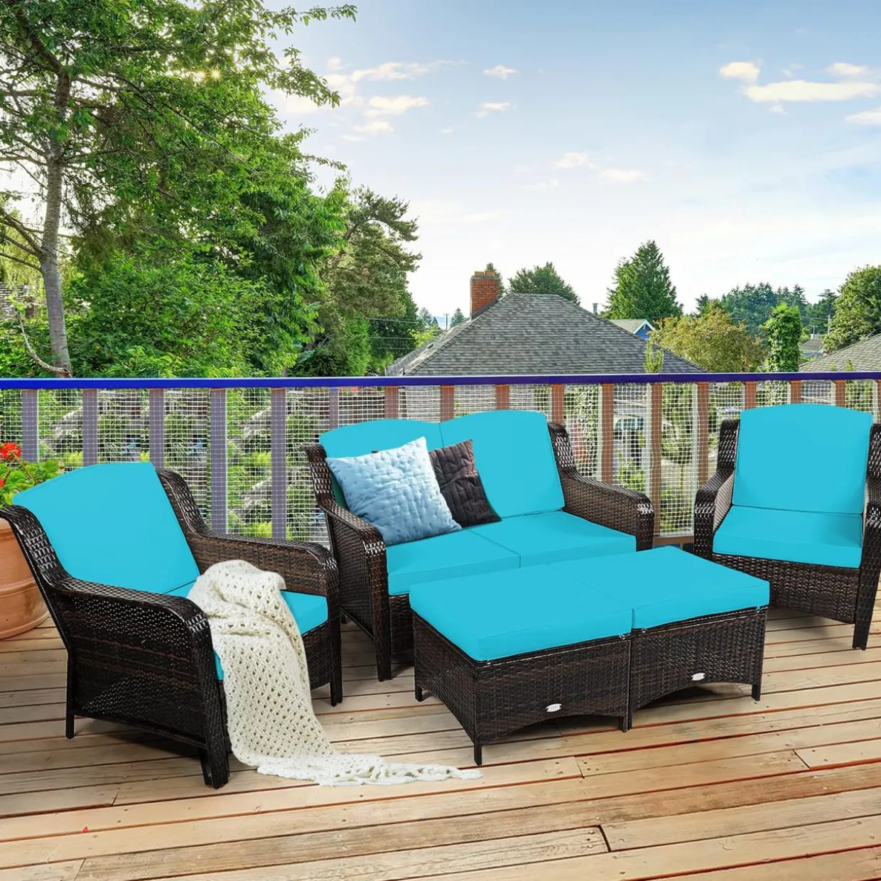 5 Pieces Patio Furniture Set, Outdoor Rattan Conversation Sofa Set with Loveseat