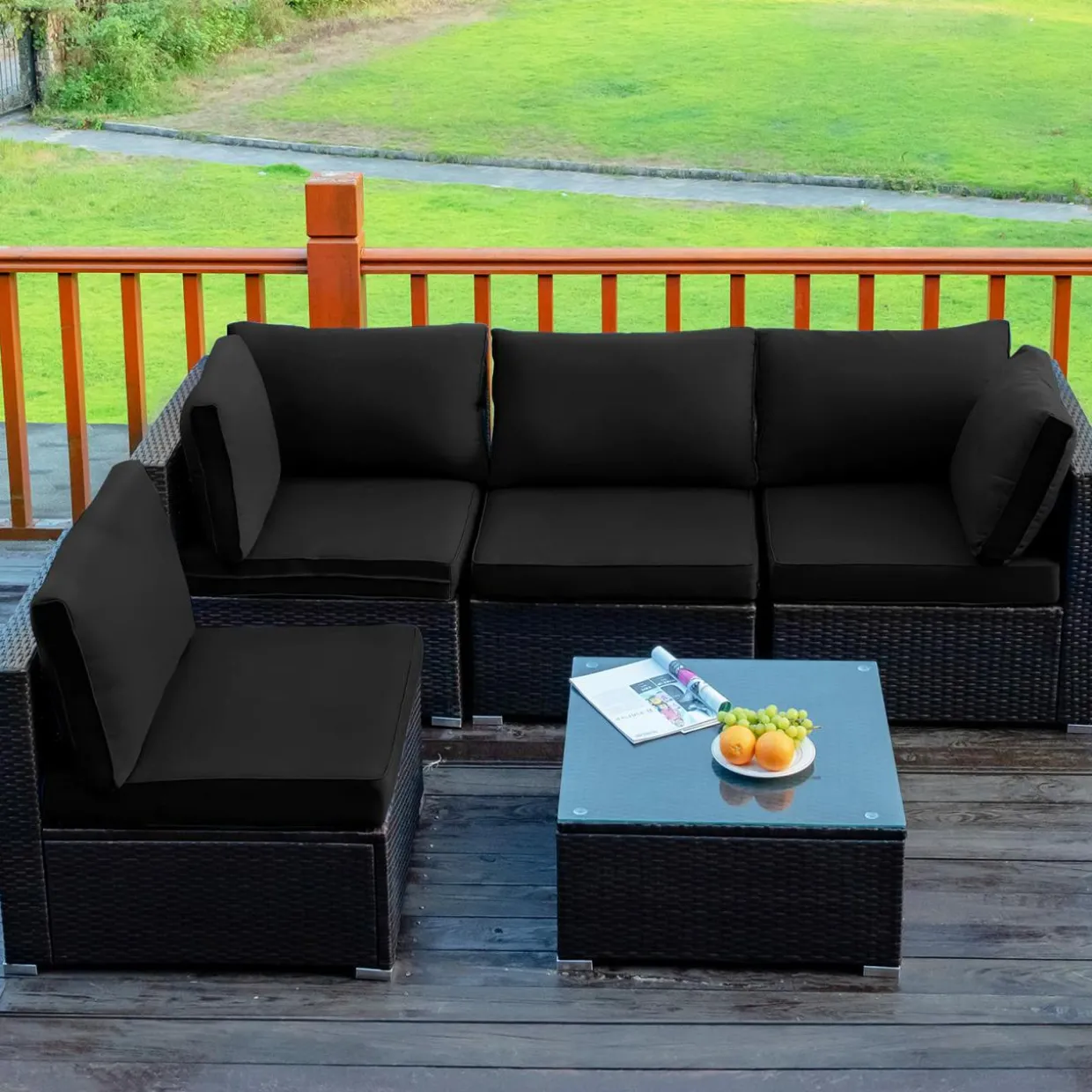 5 Pieces Patio Furniture Set, All Weather Wicker L-Shaped Corner Sofa Set w/Soft Cushions