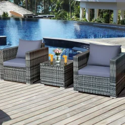 3 Pieces Patio Furniture Set, PE Rattan Wicker Sofa Set w/Washable Cushion and Tempered Glass Tabletop