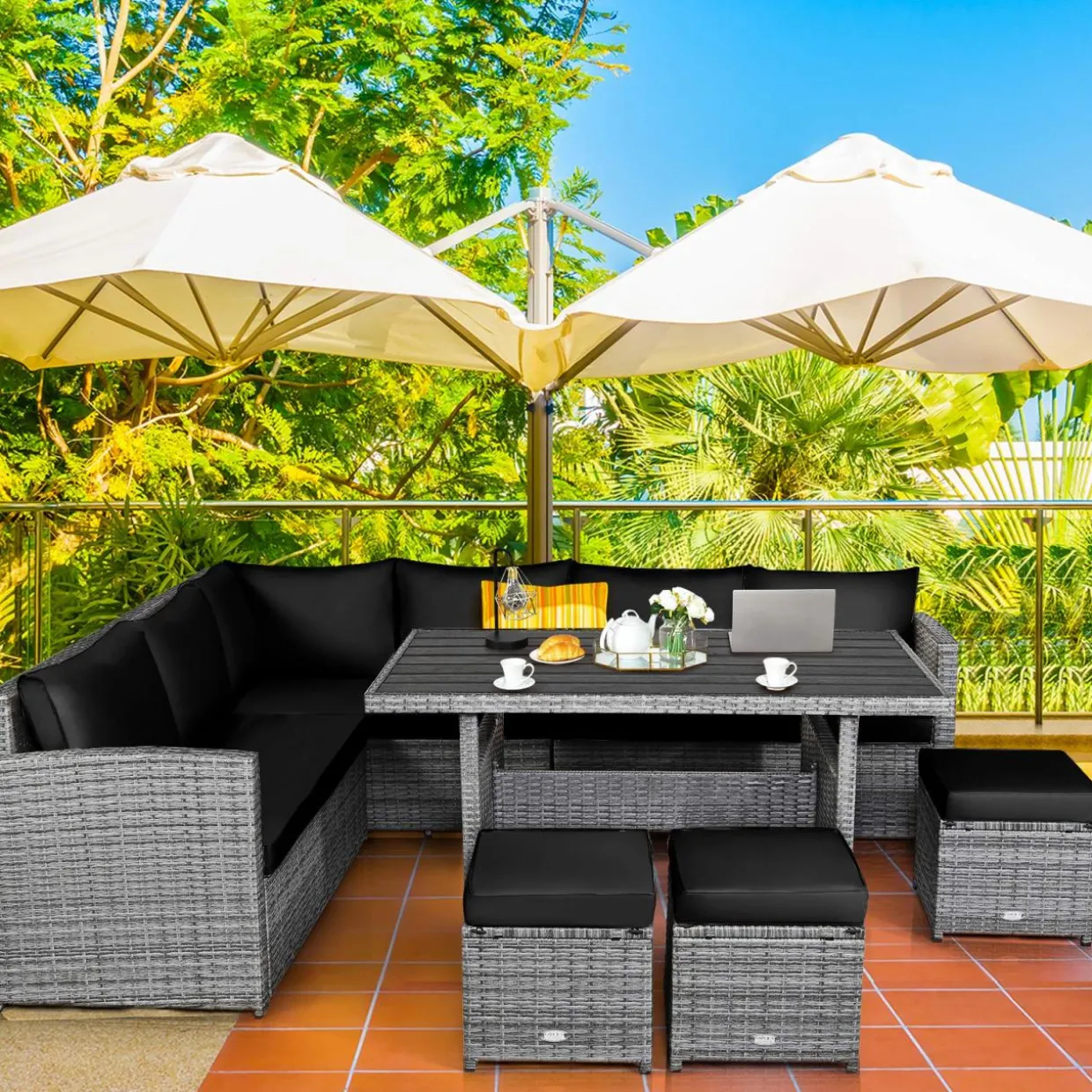 7 Pieces Patio Furniture Set, Outdoor Sectional Rattan Sofa Set with Cushions
