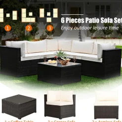 6 Pieces Patio Furniture Set, Outdoor Rattan Sofa Set, Wicker Conversation Set