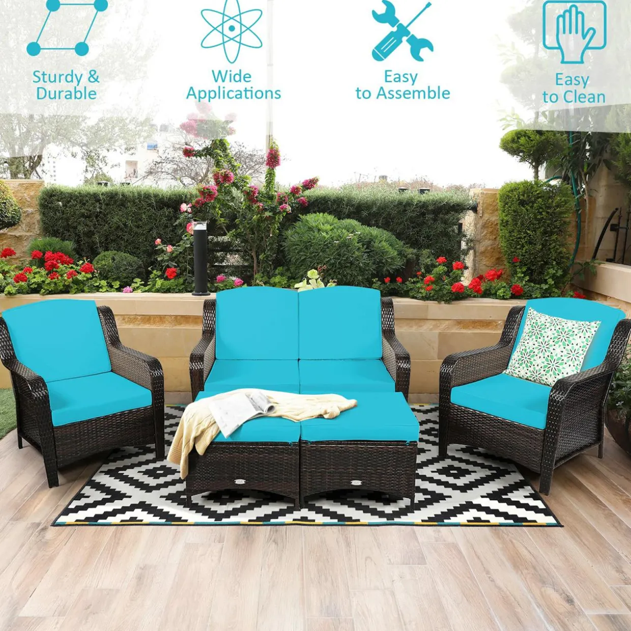 5 Pieces Patio Furniture Set, Outdoor Rattan Conversation Sofa Set with Loveseat
