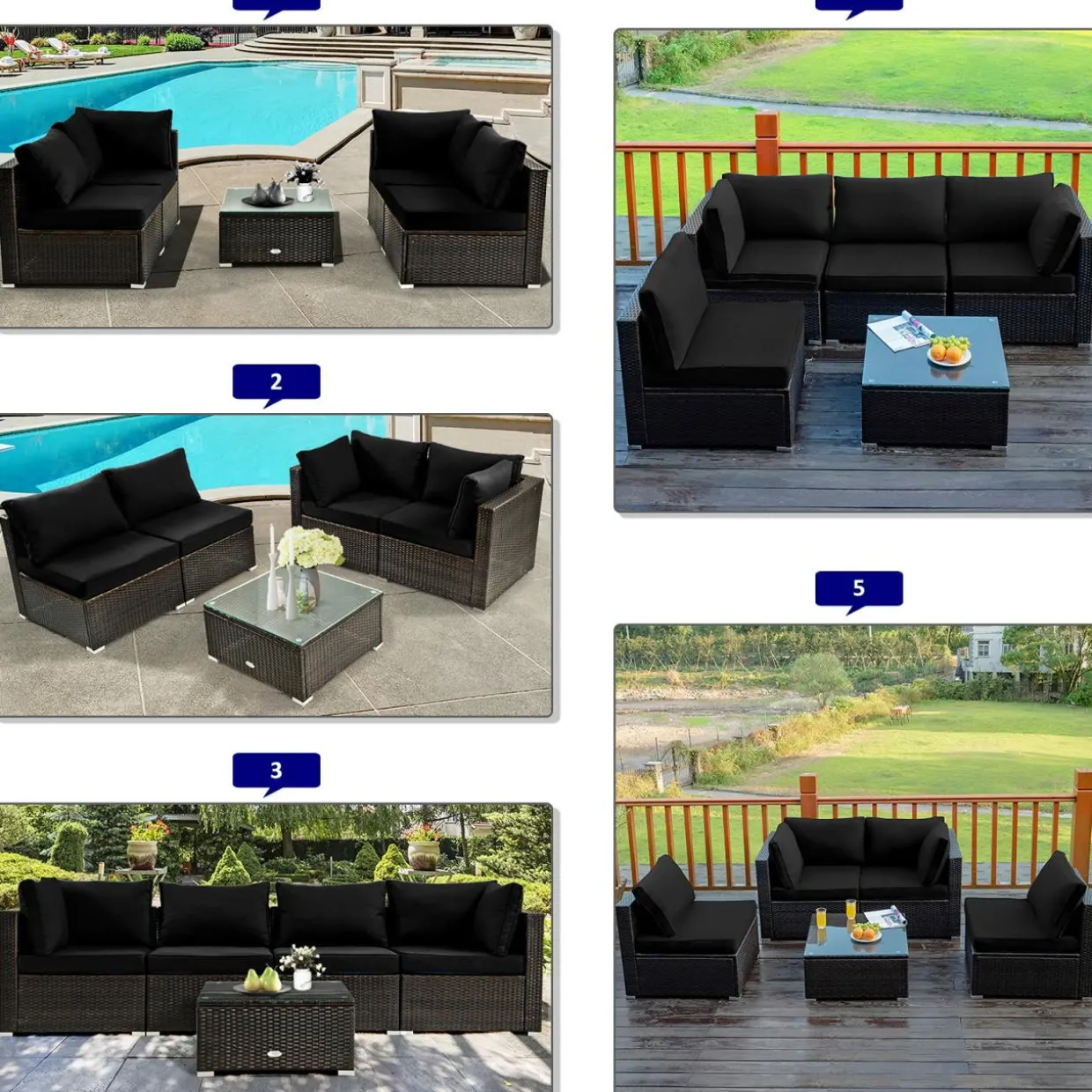 5 Pieces Patio Furniture Set, All Weather Wicker L-Shaped Corner Sofa Set w/Soft Cushions