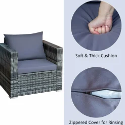 3 Pieces Patio Furniture Set, PE Rattan Wicker Sofa Set w/Washable Cushion and Tempered Glass Tabletop