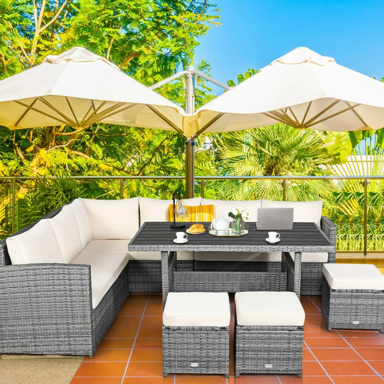 7 Pieces Patio Furniture Set, Outdoor Sectional Rattan Sofa Set with Cushions