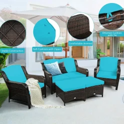 5 Pieces Patio Furniture Set, Outdoor Rattan Conversation Sofa Set with Loveseat