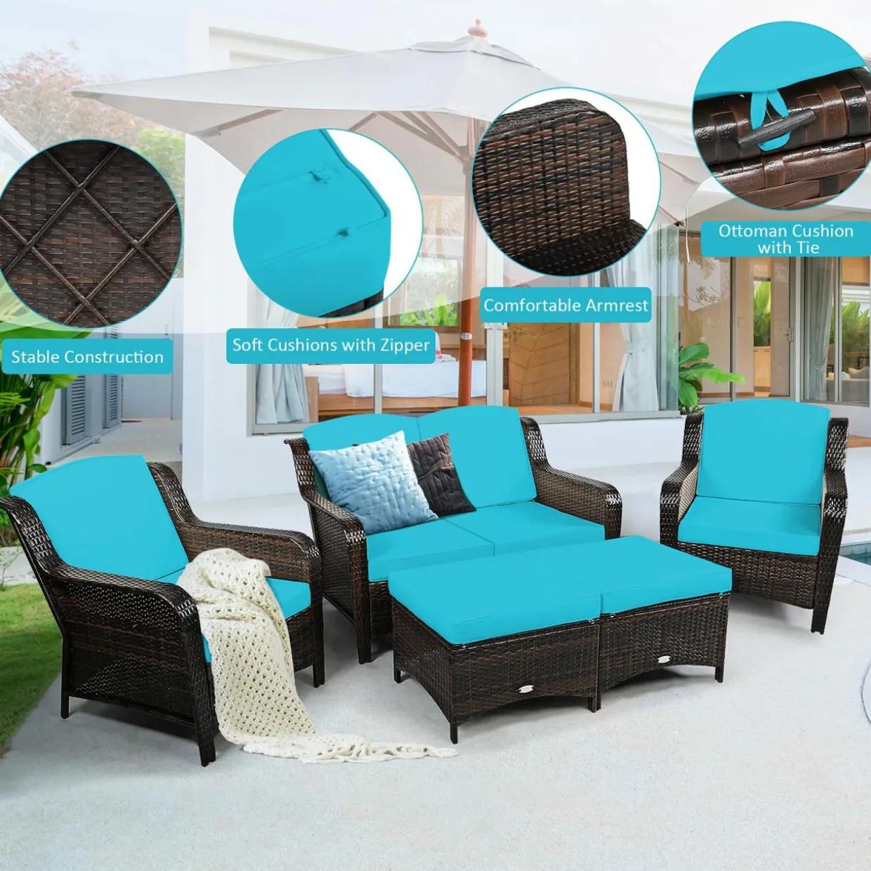5 Pieces Patio Furniture Set, Outdoor Rattan Conversation Sofa Set with Loveseat