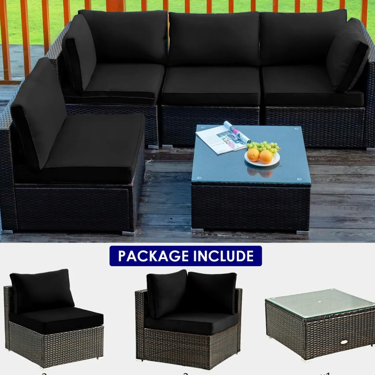 5 Pieces Patio Furniture Set, All Weather Wicker L-Shaped Corner Sofa Set w/Soft Cushions