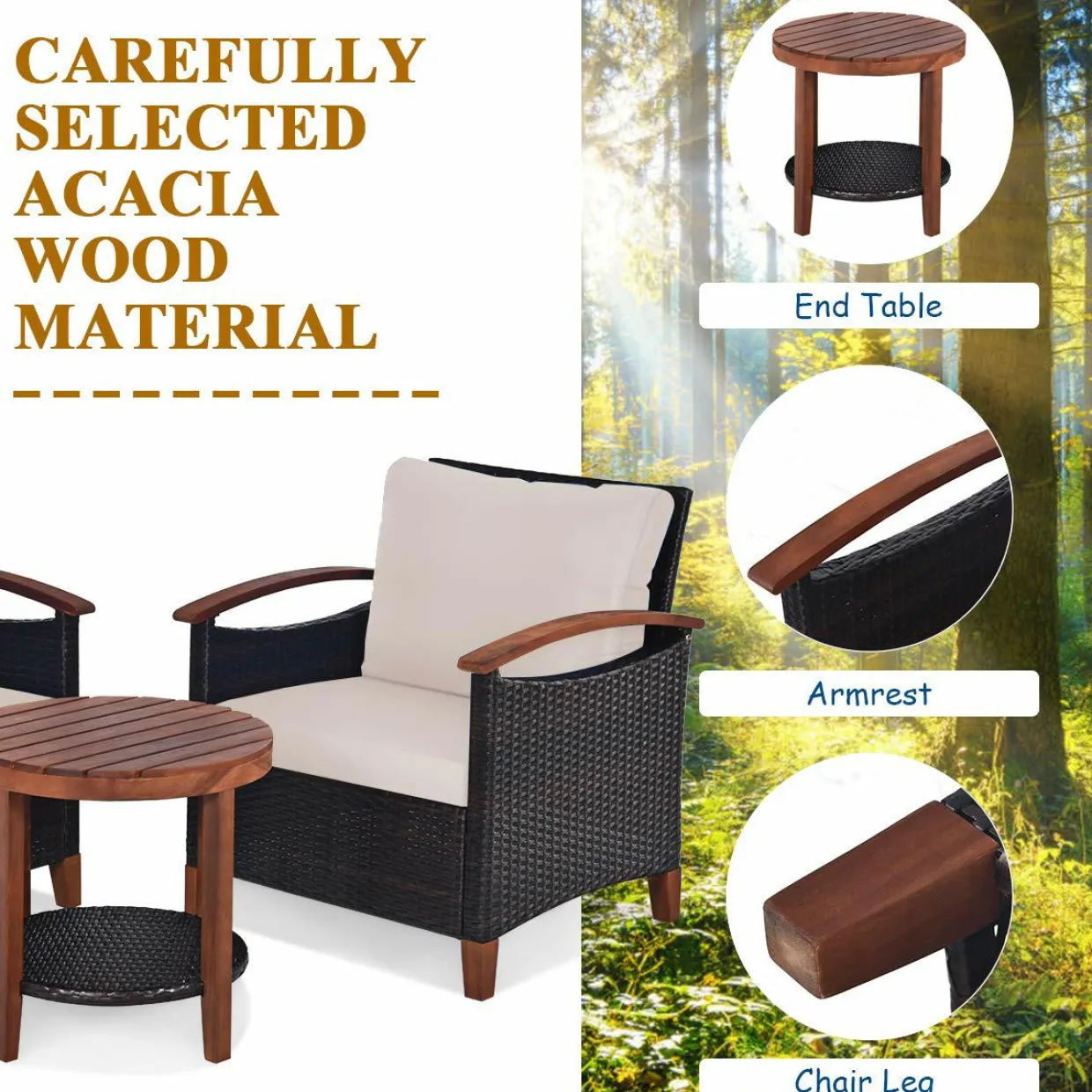 3 Pieces Patio Furniture Set, Outdoor Rattan Sofa and Side Table w/Solid Acacia Wood Frame
