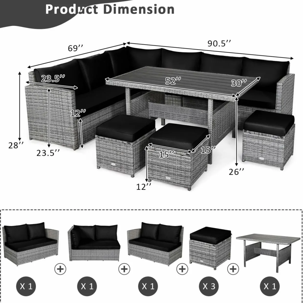 7 Pieces Patio Furniture Set, Outdoor Sectional Rattan Sofa Set with Cushions