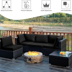 5 Pieces Patio Furniture Set, All Weather Wicker L-Shaped Corner Sofa Set w/Soft Cushions