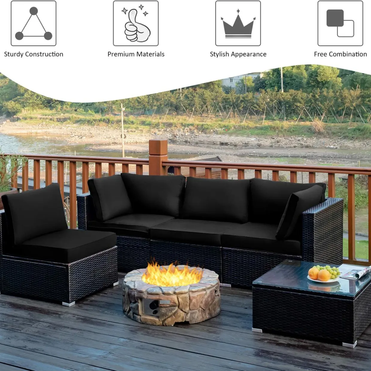 5 Pieces Patio Furniture Set, All Weather Wicker L-Shaped Corner Sofa Set w/Soft Cushions