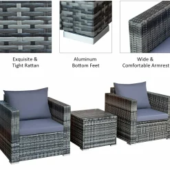 3 Pieces Patio Furniture Set, PE Rattan Wicker Sofa Set w/Washable Cushion and Tempered Glass Tabletop