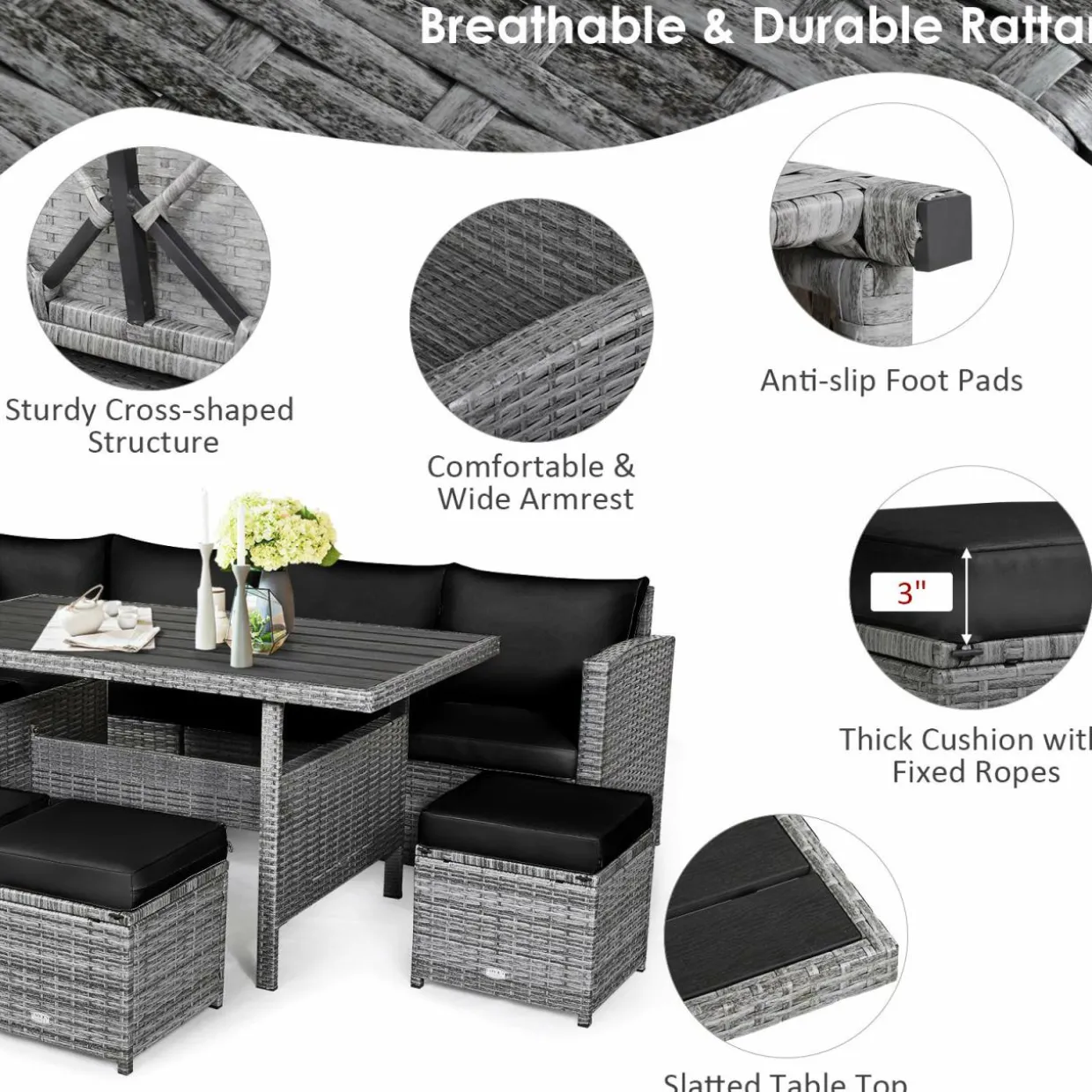 7 Pieces Patio Furniture Set, Outdoor Sectional Rattan Sofa Set with Cushions