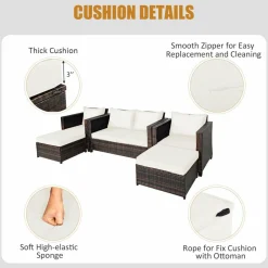 5 Pieces Patio Furniture Set, Outdoor Rattan Sofa Set w/Removable Cushions