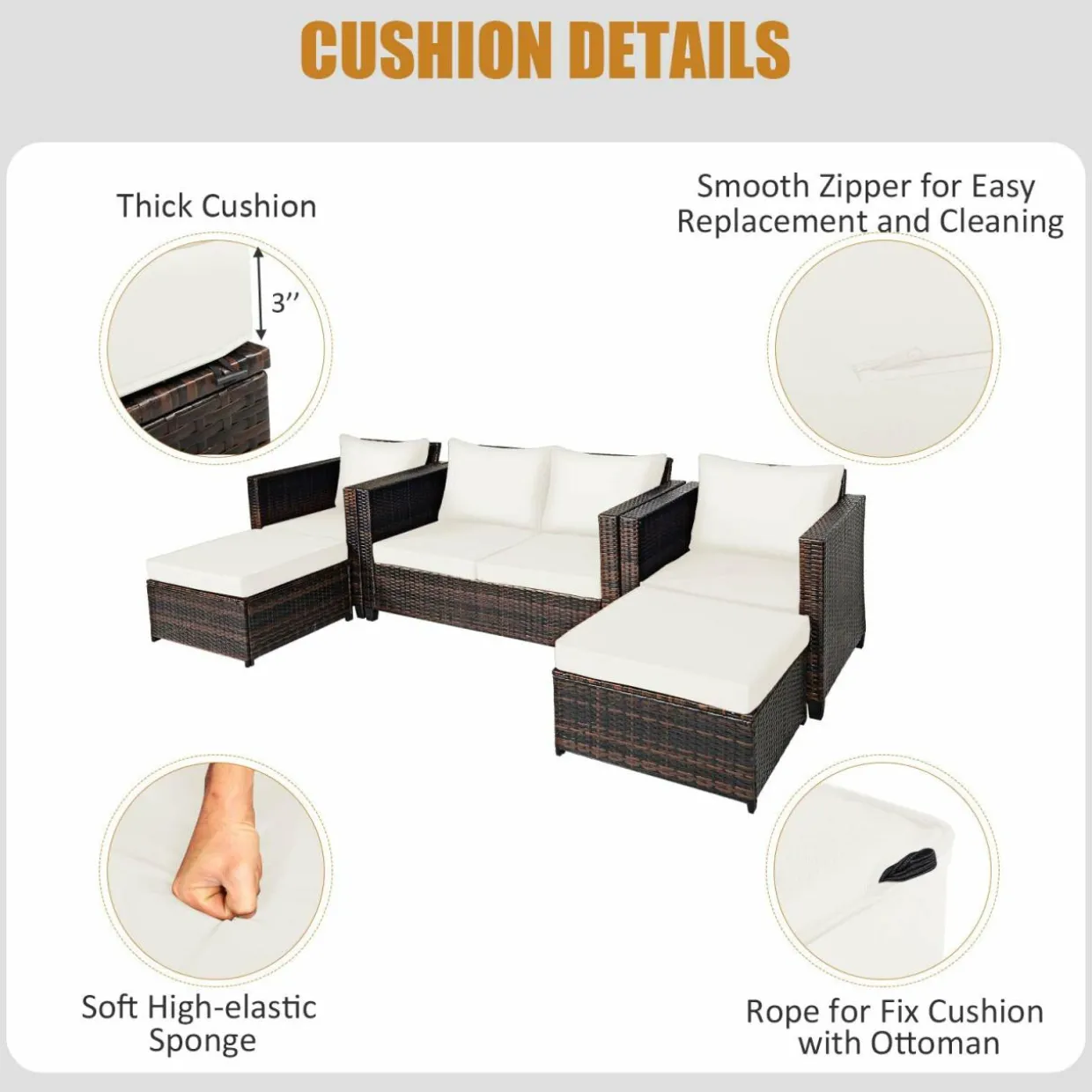 5 Pieces Patio Furniture Set, Outdoor Rattan Sofa Set w/Removable Cushions