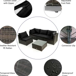 5 Pieces Patio Furniture Set, All Weather Wicker L-Shaped Corner Sofa Set w/Soft Cushions