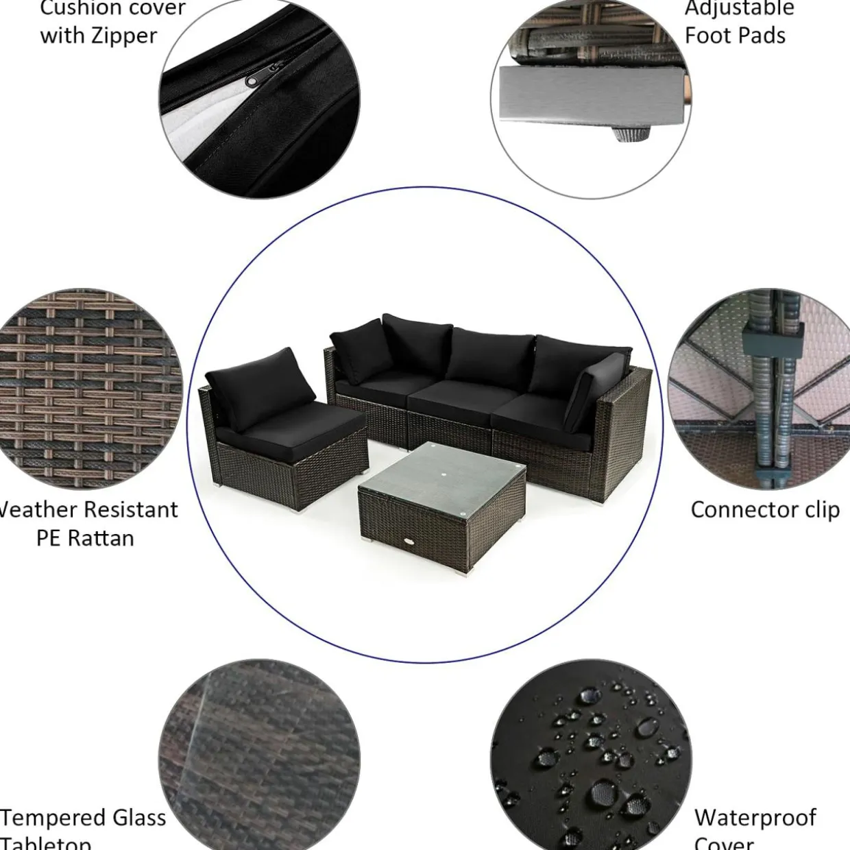 5 Pieces Patio Furniture Set, All Weather Wicker L-Shaped Corner Sofa Set w/Soft Cushions