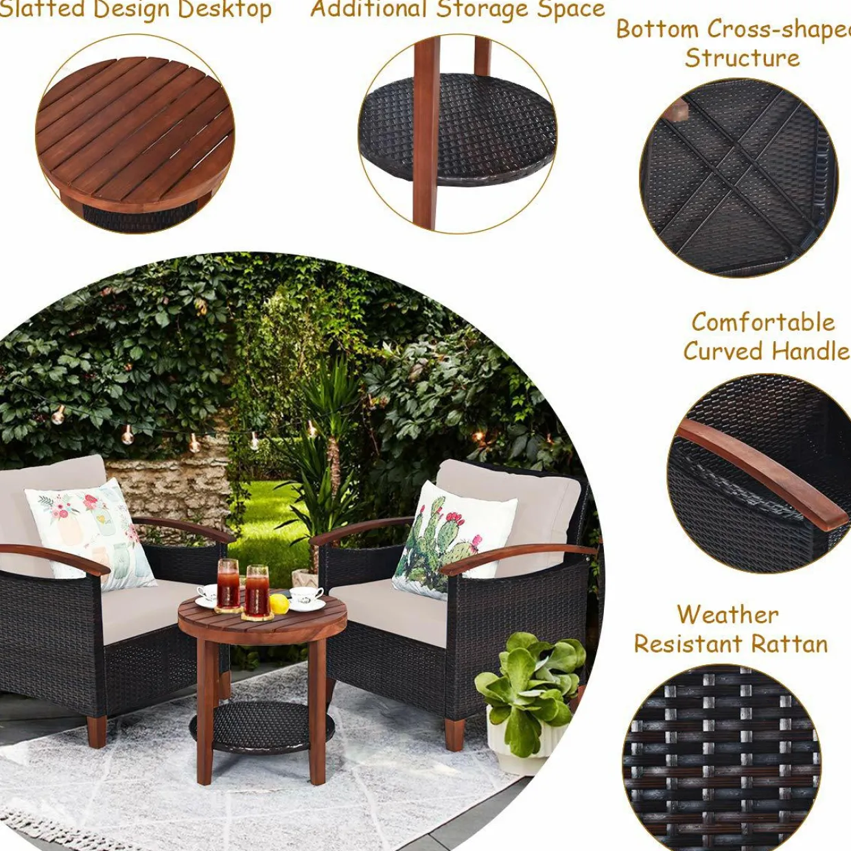 3 Pieces Patio Furniture Set, Outdoor Rattan Sofa and Side Table w/Solid Acacia Wood Frame