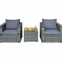 3 Pieces Patio Furniture Set, PE Rattan Wicker Sofa Set w/Washable Cushion and Tempered Glass Tabletop