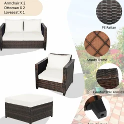 5 Pieces Patio Furniture Set, Outdoor Rattan Sofa Set w/Removable Cushions