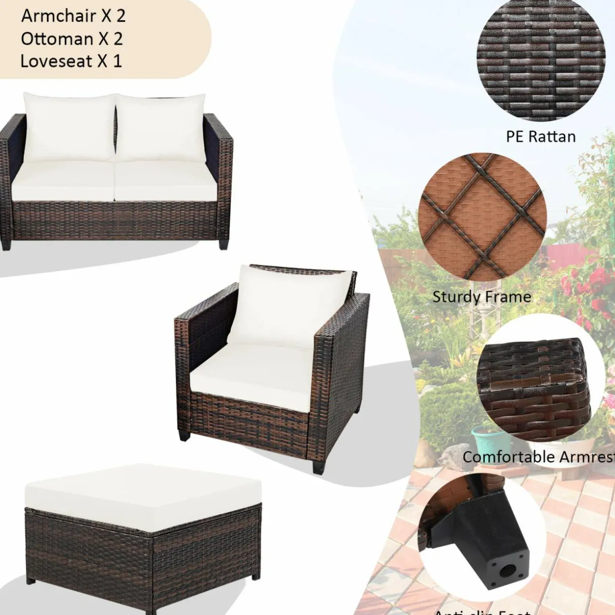 5 Pieces Patio Furniture Set, Outdoor Rattan Sofa Set w/Removable Cushions
