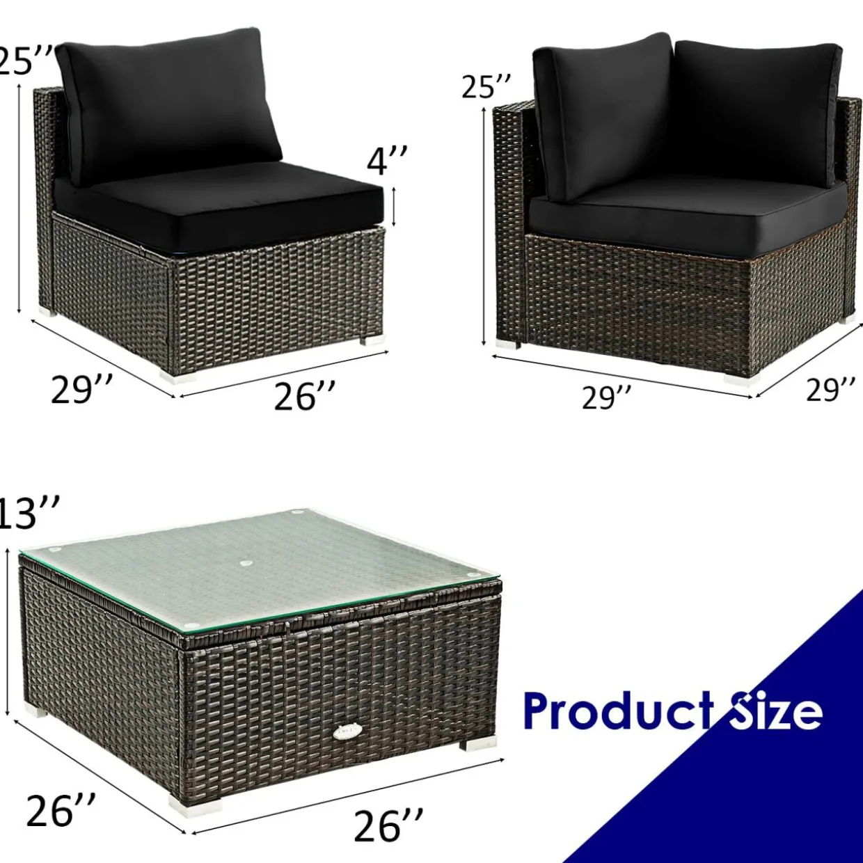 5 Pieces Patio Furniture Set, All Weather Wicker L-Shaped Corner Sofa Set w/Soft Cushions