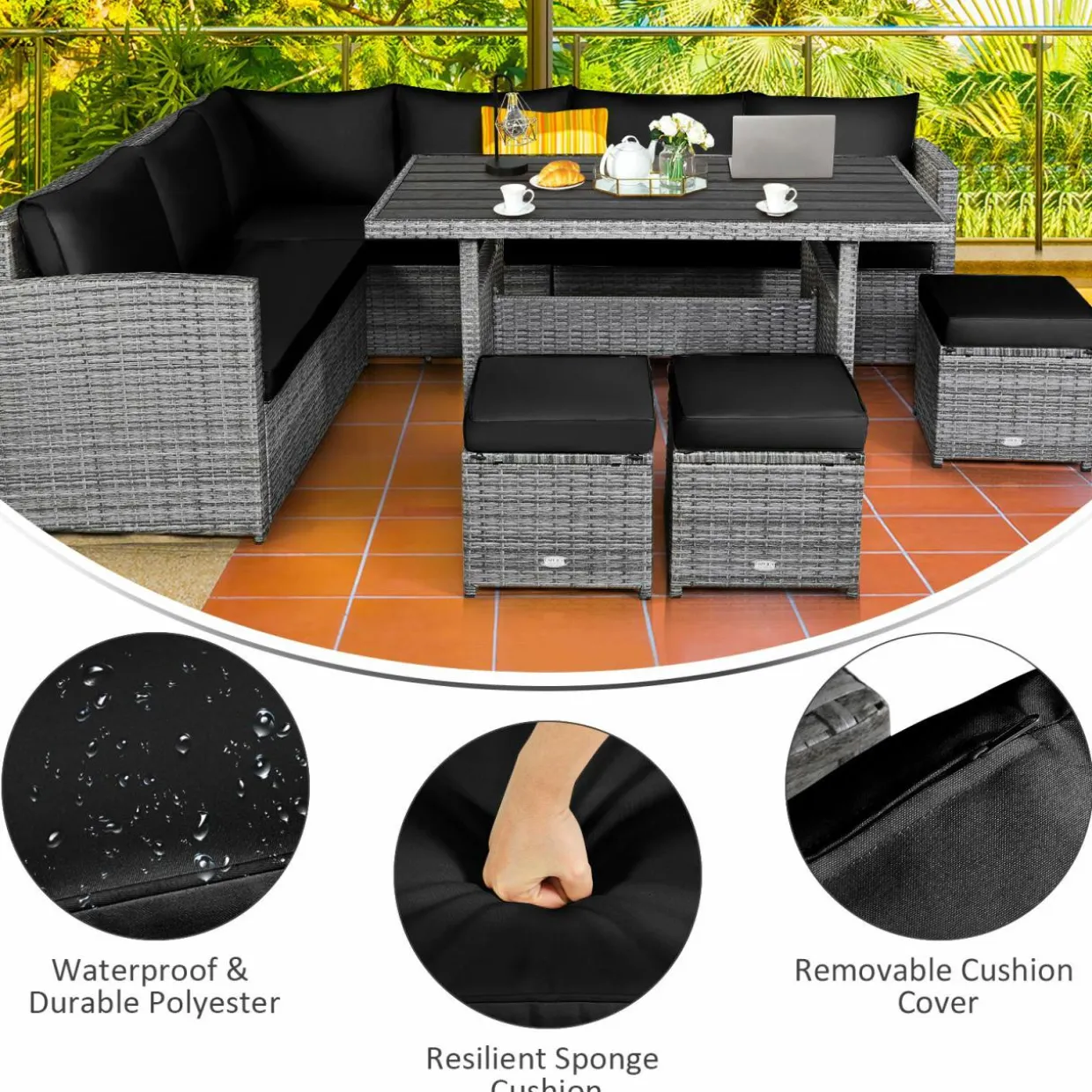 7 Pieces Patio Furniture Set, Outdoor Sectional Rattan Sofa Set with Cushions