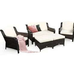 5 Pieces Patio Furniture Set, Outdoor Rattan Conversation Sofa Set with Loveseat