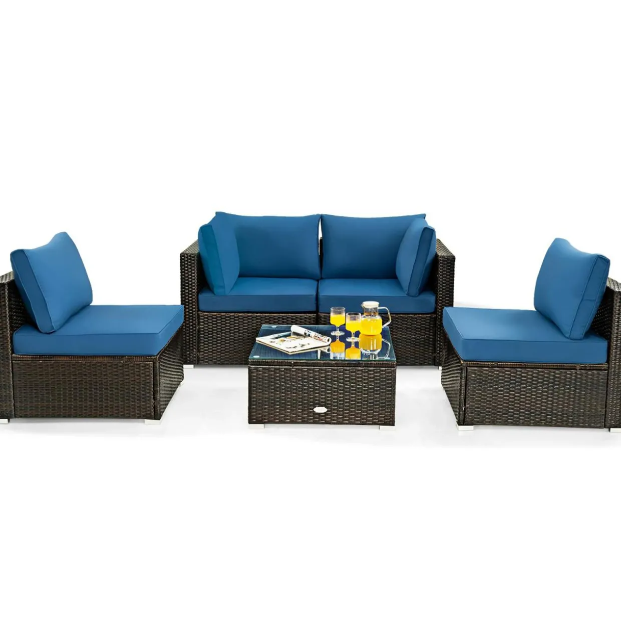5 Pieces Patio Furniture Set, All Weather Wicker L-Shaped Corner Sofa Set w/Soft Cushions