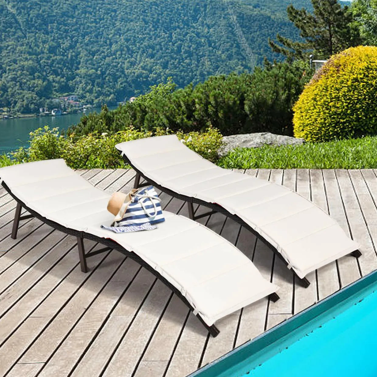 2 Pieces Patio Rattan Chaise Lounge, Outdoor Wicker Lounge Chair