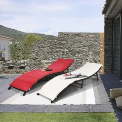 2 Pieces Patio Rattan Chaise Lounge, Outdoor Wicker Lounge Chair